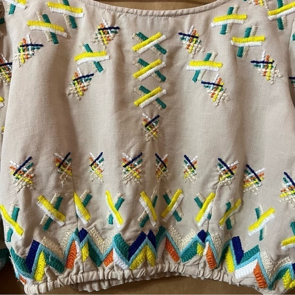 All Things Mochi | Linen Cotton Embroidered Crop Top Flared Sleeve Size XS - Picture 11 of 13